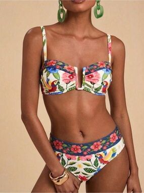 Floral Parrot V-Wire Bikini Set - White & Multicolor